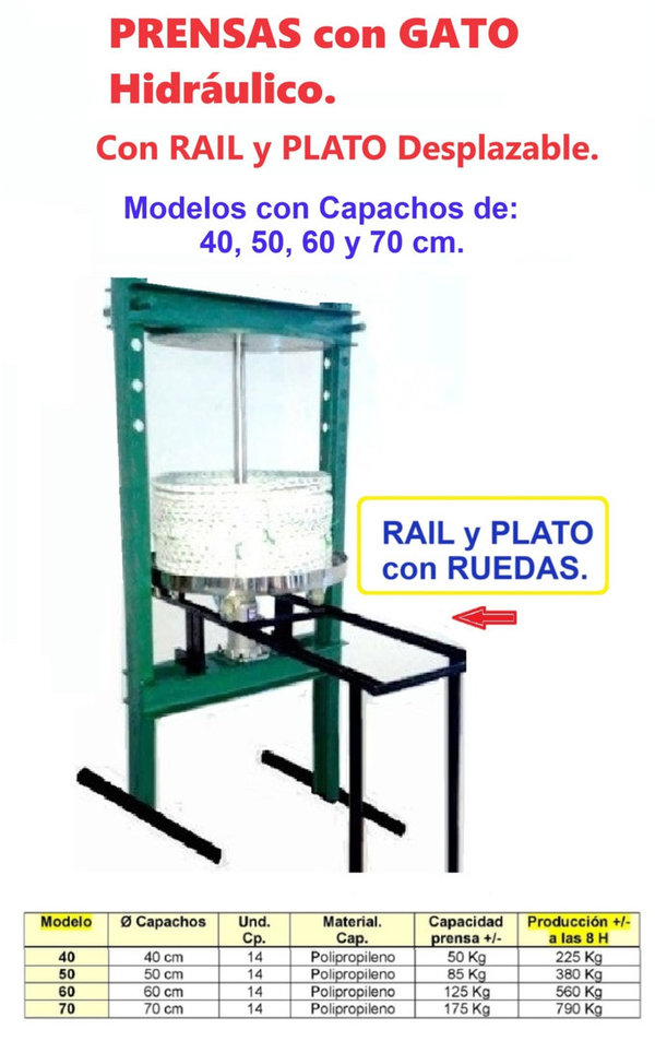 PRENSAS para ACEITE con GATO Hidráulico con RAIL y Plato Desplazable. Mod Cp de 40,50,60 y 70 cm.