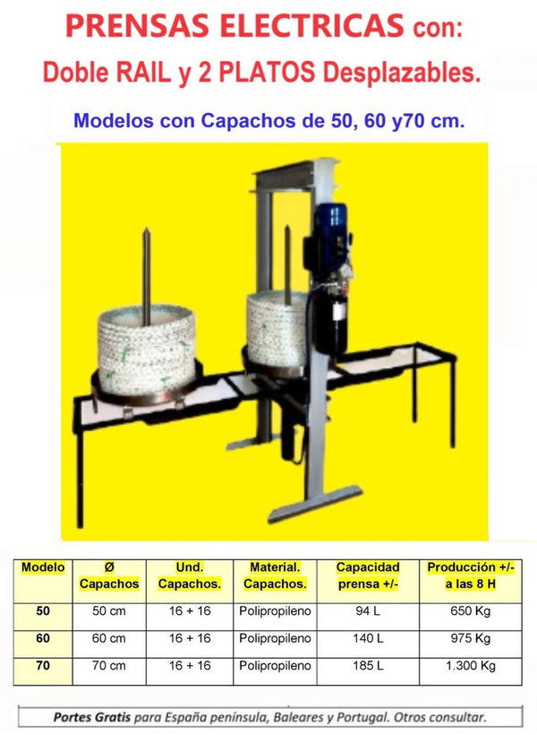 PRENSAS para Aceite.  ELECTRICAS  y de DOBLE CARRO. Mod. con capachos 50, 60 y 70 cm.