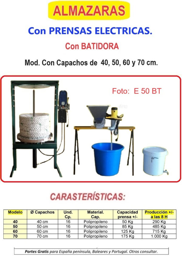 ALMAZARAS Prensas ELECTRICAS con BATIDORA: Mod con Capachos. 40,50,60 y 70 cm.