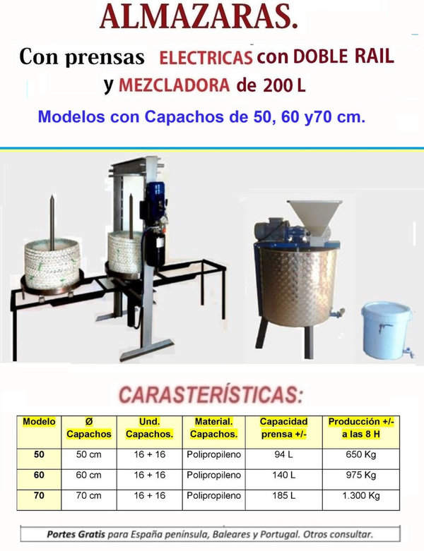 ALMAZARAS Prensas ELECTRICAS con DOBLE CARRO Con MEZCLADORA.. Mod Capachos. 50,60 y 70 cm.