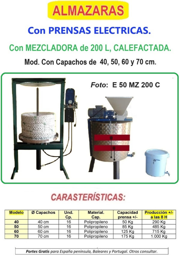 ALMAZARAS Prensas ELECTRICAS con MEZCLADORA 200 L. CALEFACTADA. Mod con Cap de 40,50,60 y 70 cm