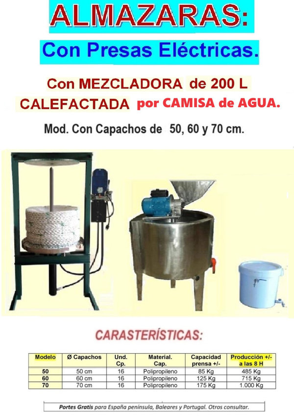 ALMAZARA con Prensa ELECTRICAS con MEZCLADORA CALEFACTADA.. Mod con capachos de 50,60,70 cm