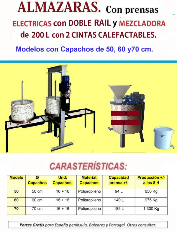 ALMAZARAS Prensas ELECTRICAS con DOBLE CARRO Con MEZCLADORA CALEFACTABLE.. Mod Cap. 50,60 y 70 cm.